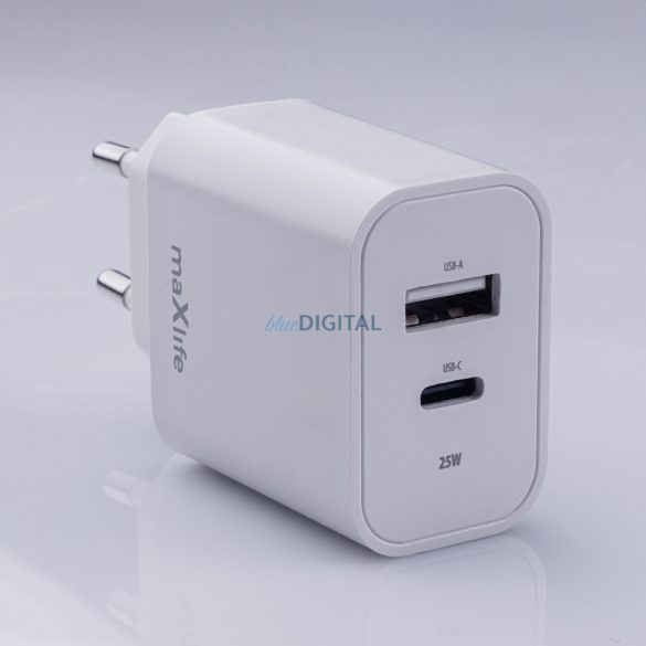 Univerzális hálózati gyors töltőfej, 1xType-C / 1xUSB, 25W, fehér, Maxlife MXTC-06-25AC