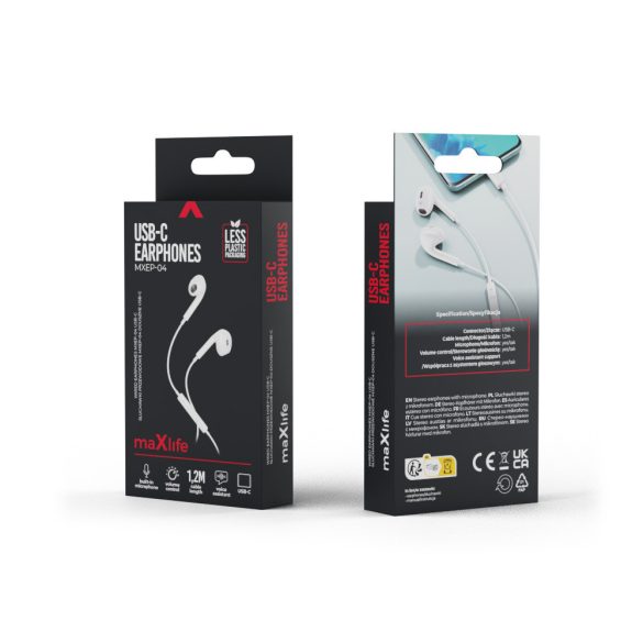 Stereo vezetékes fülhallgató Type-C csatlakozóval, hangerőszabályozós, fehér, Maxlife MXEP-04
