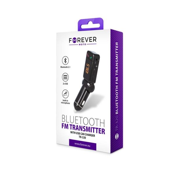 Bluetooth FM transmitter, 2xUSB, LED kijelző, 5V/2.1A, fekete, Forever TR-320