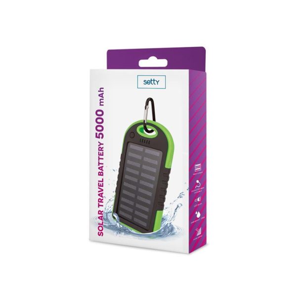 Solar Power bank, 5000mAh, 2x USB, zöld, Setty