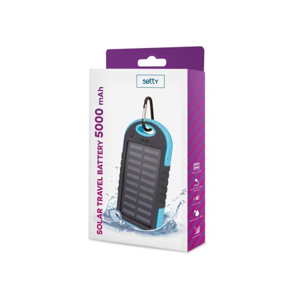 Solar Power bank, 5000mAh, 2x USB, kék, Setty