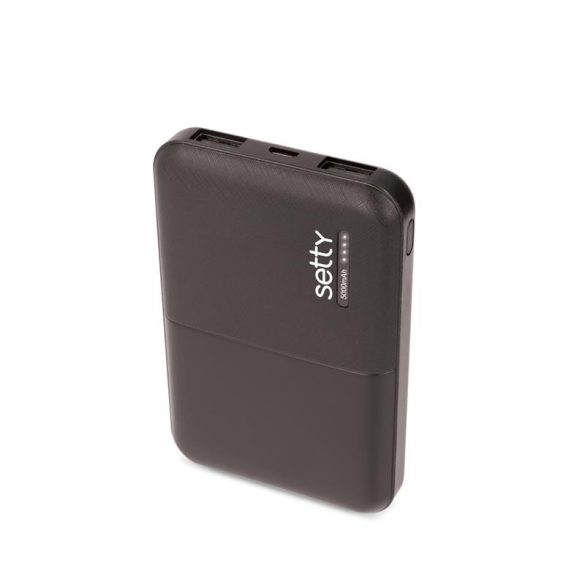 Power Bank, 5000mAh, 2x USB / Micro USB / Type-C foglalattal, fekete, Setty SPB-05