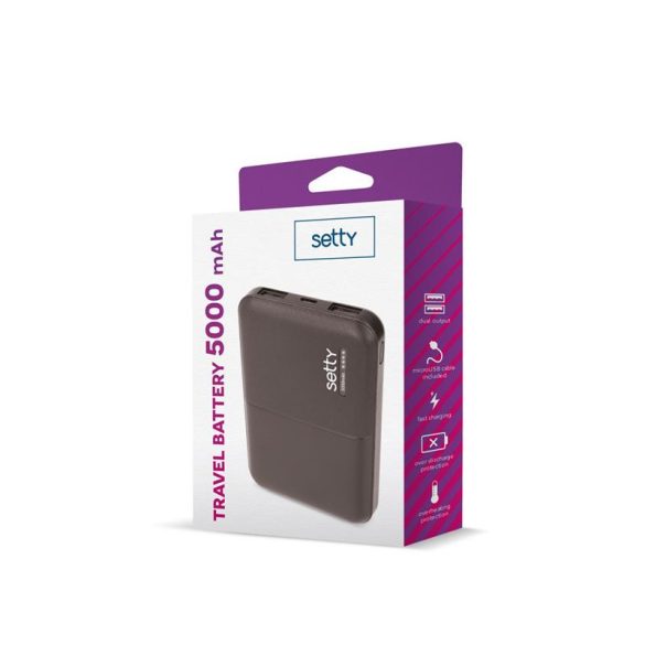 Power Bank, 5000mAh, 2x USB / Micro USB / Type-C foglalattal, fekete, Setty SPB-05