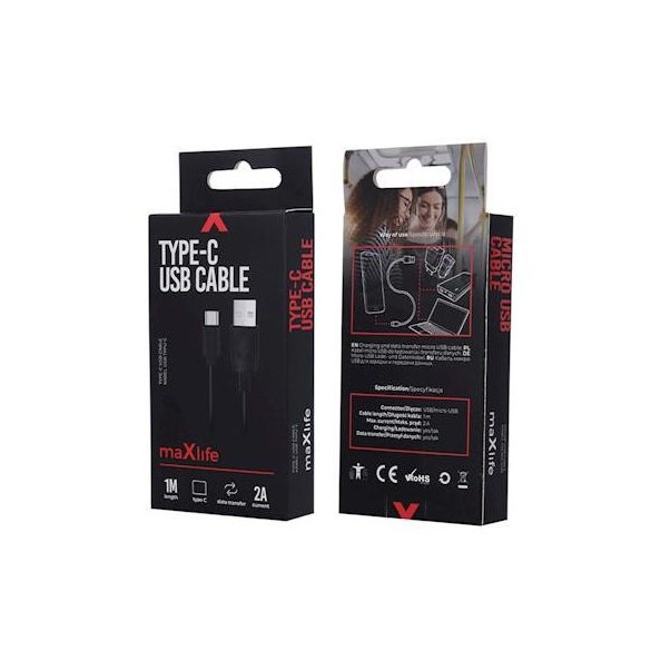 Micro USB adatkábel, 2A, 1M, fekete, Maxlife