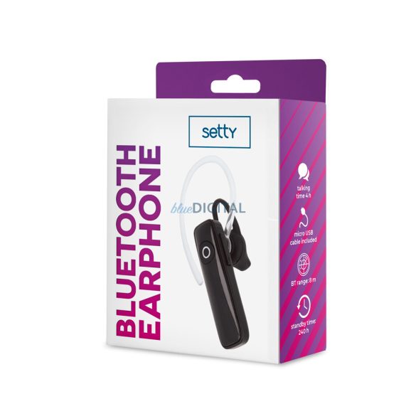 Bluetooth headset, vezeték nélküli headset, mono, fekete, Setty SBT-01