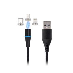   Maxlife MXUC-03 mágneses 3in1 iPhone 8pin Type-C Micro usb fekete szövet adatkábel 3A