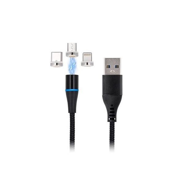 Maxlife MXUC-03 mágneses 3in1 iPhone 8pin Type-C Micro usb fekete szövet adatkábel 3A