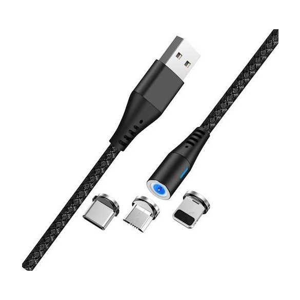Maxlife MXUC-03 mágneses 3in1 iPhone 8pin Type-C Micro usb fekete szövet adatkábel 3A
