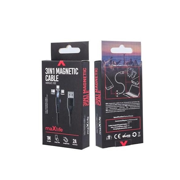 Maxlife MXUC-03 mágneses 3in1 iPhone 8pin Type-C Micro usb fekete szövet adatkábel 3A