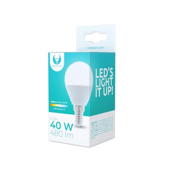 LED izzó E14 / G45, 6W, 6000K, 480lm, hideg fehér fény, Forever Light