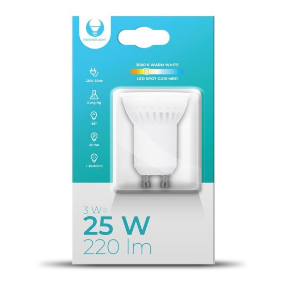 LED izzó GU10 / MR11, 3W, 3000K, 220lm, meleg fehér fény, Forever Light