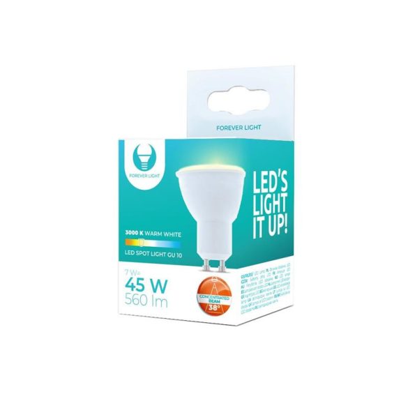 LED izzó GU10, 7W, 3000K, 560lm, meleg fehér fény, Forever Light