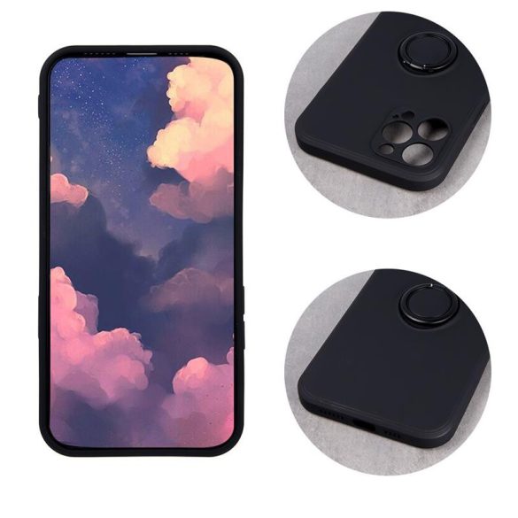 Samsung Galaxy A52 4G/5G / A52s gyűrűs hátlap tok, szilikon tok, velúr belső, fekete, SM-A525, SM-A526, SM-A528, Finger Grip