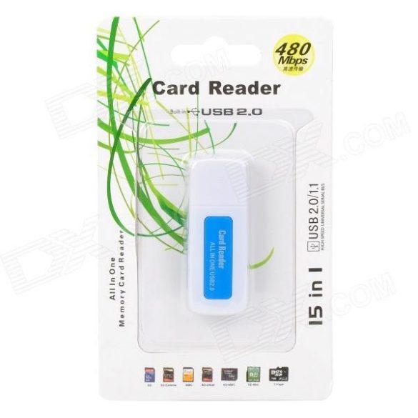 USB2.0 -  memóriakártya olvasó adapter, fehér/kék, (Mini-SD / Micro SD / TF adapter / XD / MS / MS DUO / MS PRO DUO 2.0)
