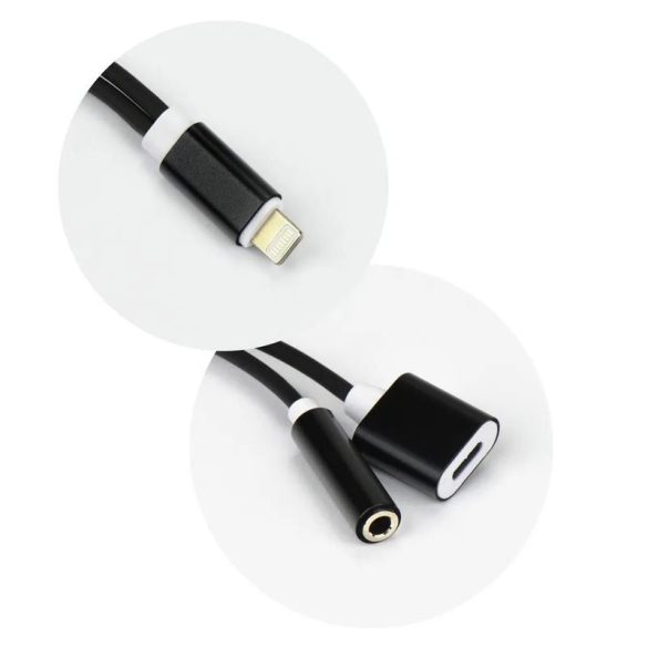 2in1 audio / HF adapter, iPhone 8pin - Type-C/Jack, fekete