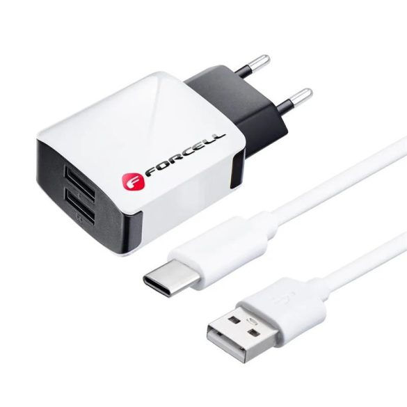 Hálózati töltőfej 2xUSB + Type-C adatkábel, 2A, fekete/fehér, Forcell