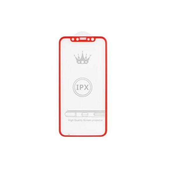 iPhone 11 Pro X XS (5,8")  előlapi üvegfólia, edzett, hajlított, piros keret, 5D Full Glue