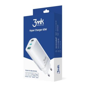 Hálózati gyors töltőfej, 1X USB / 2X Type-C, fehér, QC3.0, 65W, 3mk GaN-001EU