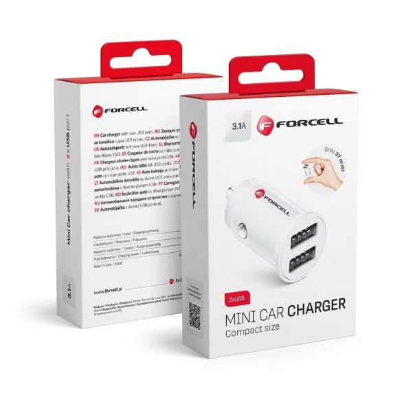 Szivartöltő fej, 2x USB, 3.1A, fehér, Forcell Mini CC-SJ02