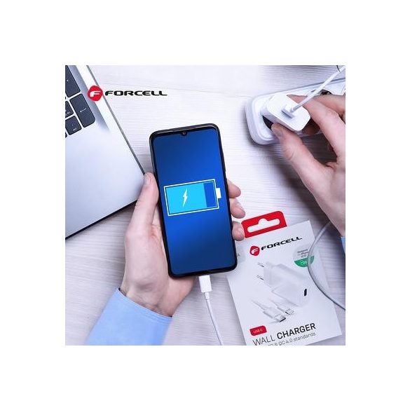 Forcell Type-C fehér hálózati gyors töltőfej 20W 3A + iPhone 8pin adatkábel 1m