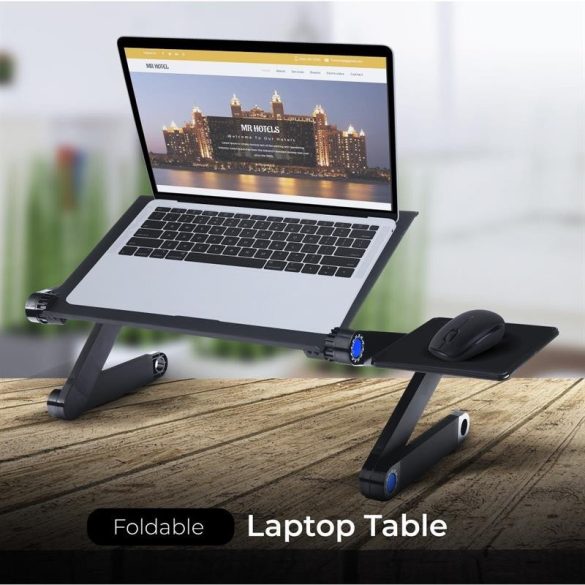 YL-803 összecsukható fekete laptop asztal / tartó beépített hűtéssel egértartóval