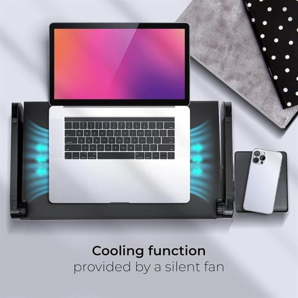 YL-803 összecsukható fekete laptop asztal / tartó beépített hűtéssel egértartóval