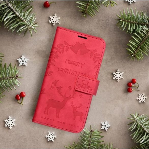 Samsung Galaxy A02s telefon tok, könyvtok, oldalra nyíló tok, mágnesesen záródó, piros, Merry Christmas felirat, SM-A025, Forcell Mezzo