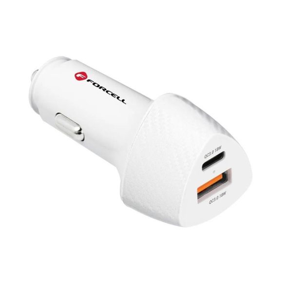 Szivartöltő fej, 1X Type-C, 1X USB, 38W, carbon mintás, fehér, Forcell