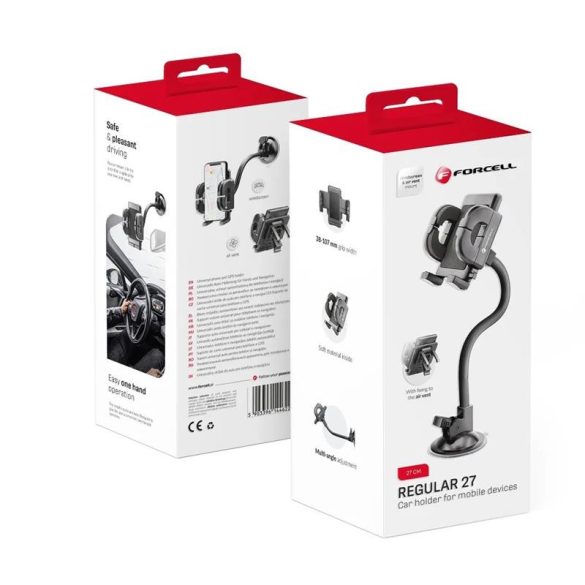 Műszerfalra / szélvédőre / szellőzőnyílásra helyezhető autós tartó, tapadókorongos, fekete, Forcell Regular 27