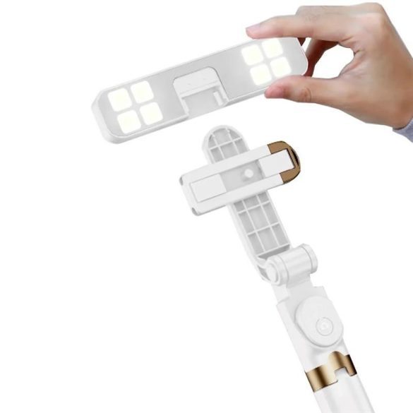 Stand XT-06S fehér bluetooth-os tripoddá alakítható selfie bot levehető LED fénnyel
