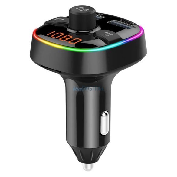 Bluetooth FM transmitter, 2xUSB, Micro SD kártyaolvasó, QC3.0, LED kijelző, 7 színű fénycsík, fekete, BC52L