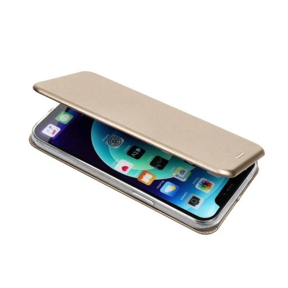iPhone 14 (6.1") telefontok, könyvtok, mágneszáras, flip tok, szilikon keretes, arany, Forcell Elegance