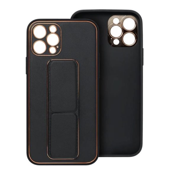 iPhone 14 Pro Max (6,7") hátlap tok, műbőr tok, kitámasztható, fekete, Leather