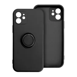   iPhone 14 Plus (6.7") gyűrűs hátlap tok, szilikon tok, velúr belső, fekete, Forcell Silicone Ring