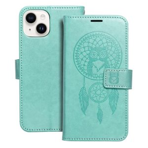 iPhone 14 (6.1") telefon tok, könyvtok, oldalra nyíló tok, mágnesesen záródó, zöld, dreamcatcher, Forcell Mezzo