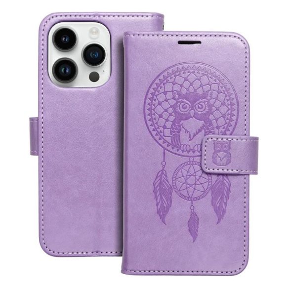 iPhone 14 (6.1") telefon tok, könyvtok, oldalra nyíló tok, mágnesesen záródó, lila, dreamcatcher, Forcell Mezzo