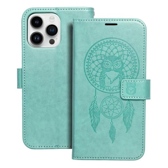 iPhone 14 Plus (6.7") telefon tok, könyvtok, oldalra nyíló tok, mágnesesen záródó, zöld, dreamcatcher, Forcell Mezzo