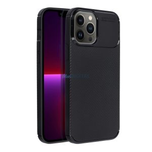 iPhone 13 Pro (6.1") szilikon tok, hátlap tok, carbon mintás, kamera védelem, fekete, Carbon Premium