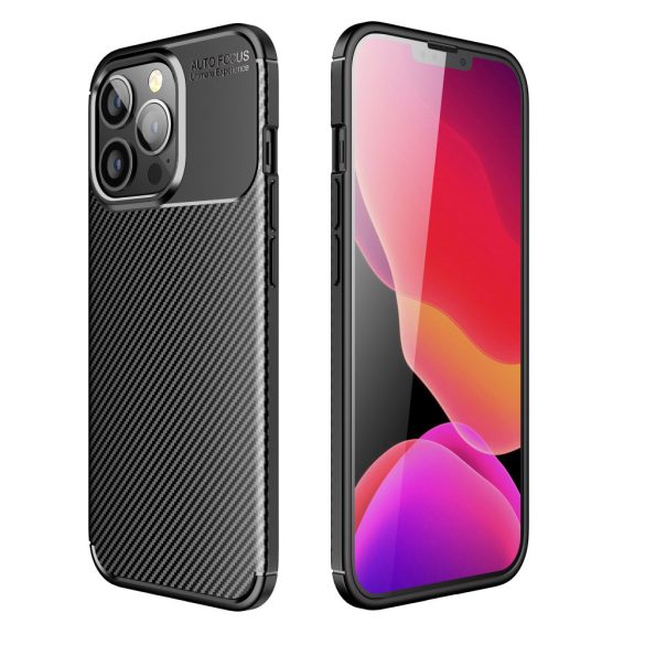 iPhone 14 Pro (6.1") szilikon tok, hátlap tok, carbon mintás, kamera védelem, fekete, Carbon Premium