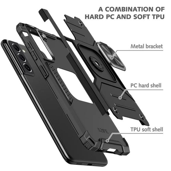 Samsung A23 4G / 5G hátlap tok, PC / TPU tok, kitámasztható, fekete, SM-A235, SM-A-236, Defender Nitro