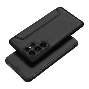 Samsung Galaxy S23 Ultra telefon tok, könyvtok, oldalra nyíló tok, mágnesesen záródó, PU / TPU tok, karbon mintás, fekete, SM-S918, Razor