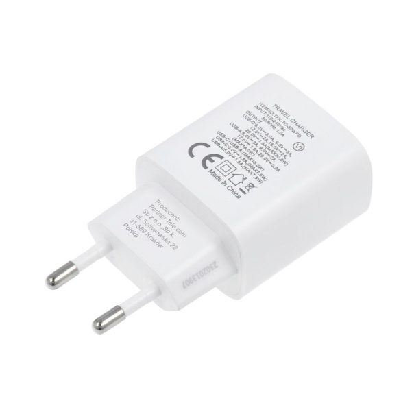 Univerzális hálózati gyors töltőfej, 1xType-C, 1xUSB csatlakozóval, PD és QC 4.0, fehér, 3A, 30W, Forcell