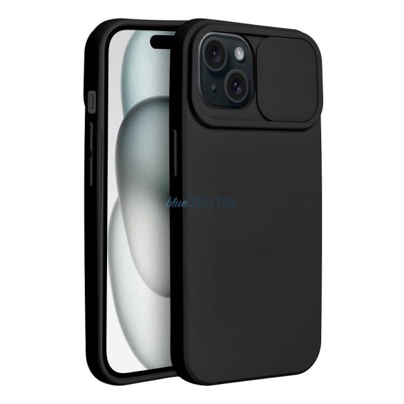 iPhone 15 (6.1") hátlap tok, TPU tok, kamera védővel, fekete, Slide