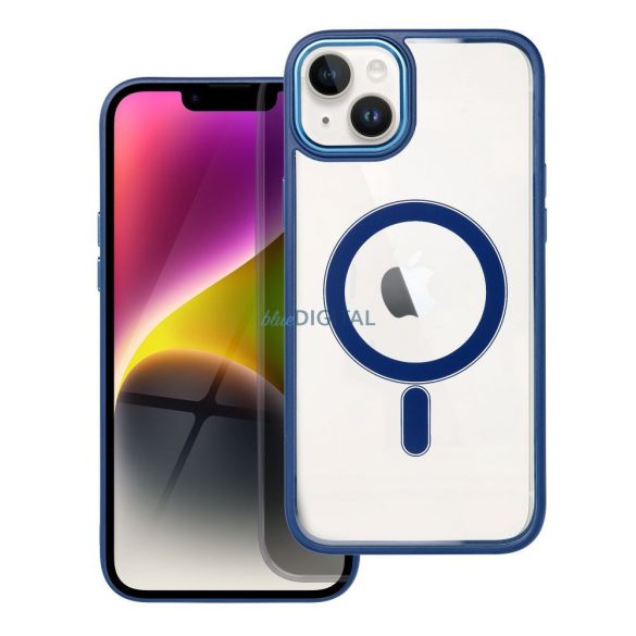 iPhone 14 Plus (6.7") szilikon tok, PC/TPU tok, magsafe, színes keretes, átlátszó/kék, Color Edge Mag Cover