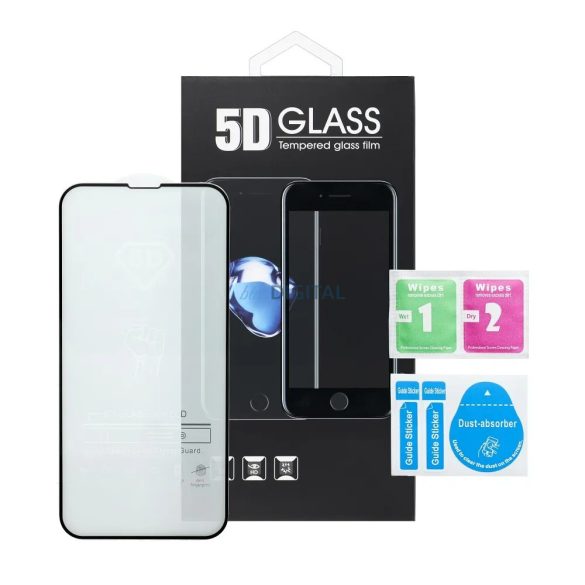 iPhone 15 Plus (6.7") előlapi üvegfólia, edzett, hajlított, fekete keret, 9H, 5D Full Glue