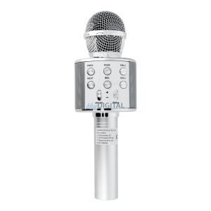 Bluetooth karaoke mikrofon, vezeték nélküli, TF kártya/pendrive, ezüst, CR58