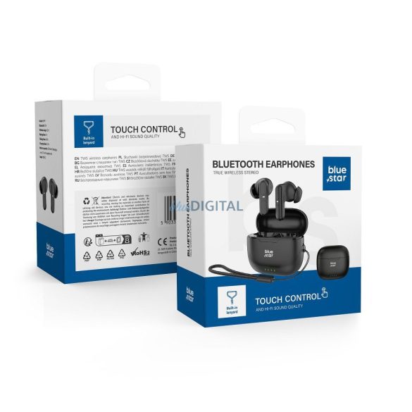 Stereo bluetooth headset vezeték nélküli töltőtokkal, TWS, fekete, BlueStar BK31