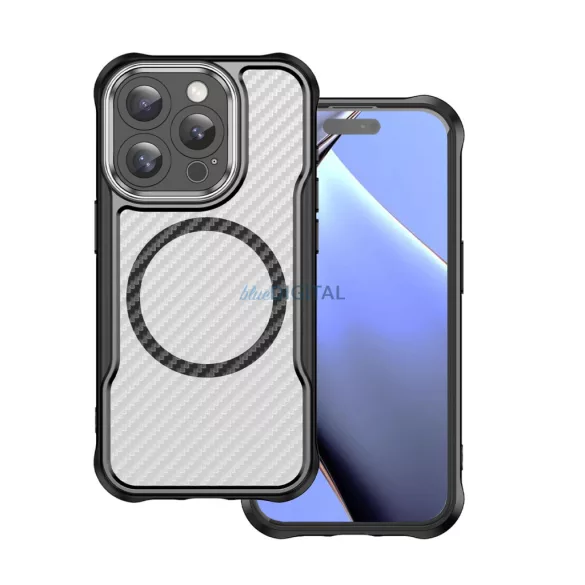 iPhone 16 Pro Max (6.9") ütésálló hátlap tok, magsafe, kamera védelem, PC / TPU tok, fekete, carbon mintás, Defender Carbon Mag