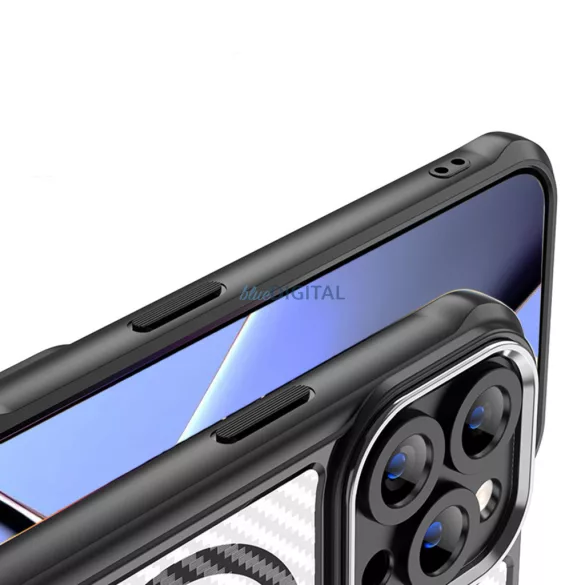 iPhone 16 Pro Max (6.9") ütésálló hátlap tok, magsafe, kamera védelem, PC / TPU tok, fekete, carbon mintás, Defender Carbon Mag