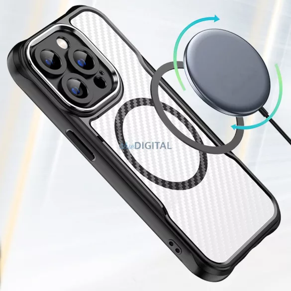 iPhone 16 Pro Max (6.9") ütésálló hátlap tok, magsafe, kamera védelem, PC / TPU tok, fekete, carbon mintás, Defender Carbon Mag